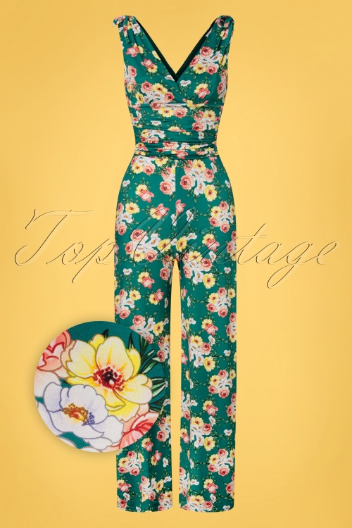 Vintage Chic for Topvintage - Casey Floral Jumpsuit Années 70 en Vert Canard