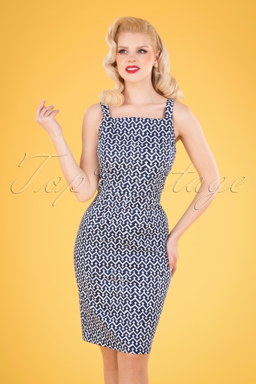 Banned Retro - 60s Tile Pencil Dress in Navy and White