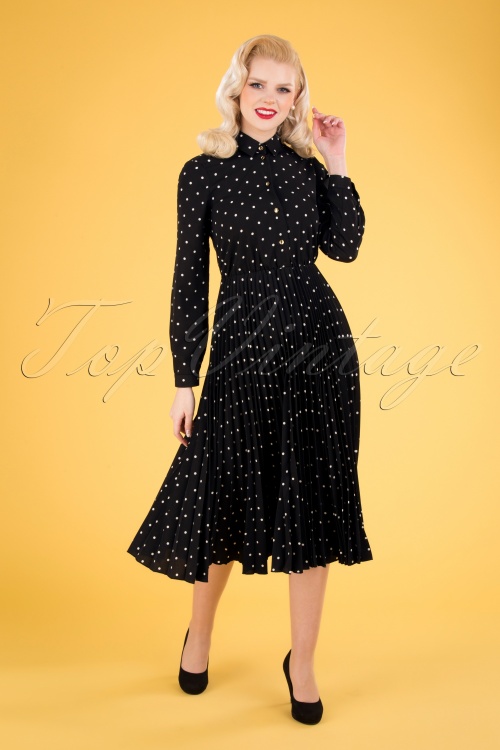 Closet London - 50s Penelope Polkadot Pleated Shirt Dress in Black 3
