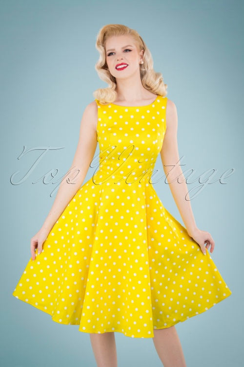 Hearts & Roses - 50s Cindy Polkadot Swing Dress in Yellow