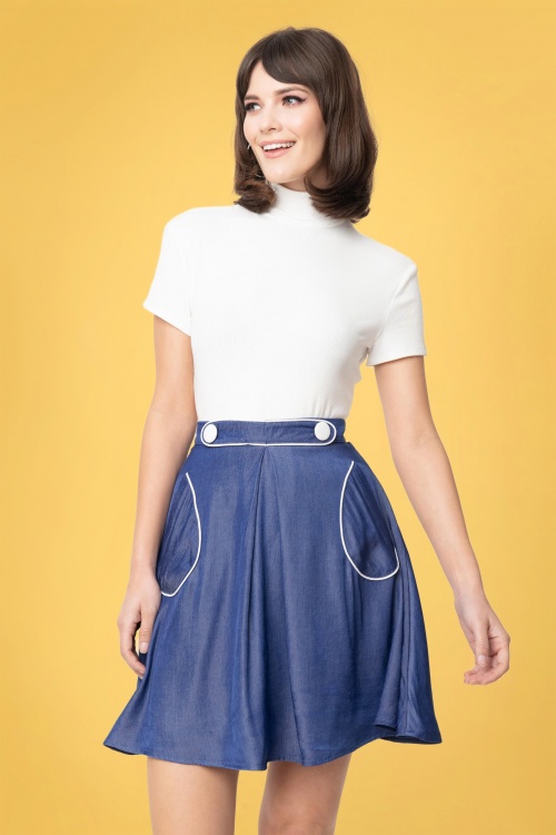 Unique Vintage - Smak Parlour Chambray Sitting Pretty Skirt Années 60 en Bleu Jean