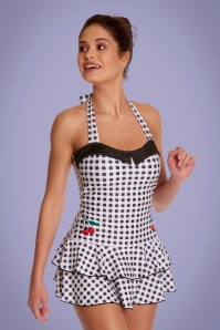 Pussy Deluxe - 50s Classic Collar Gingham Halter Swimsuit in Black and White