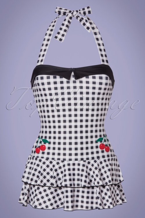 Pussy Deluxe - 50s Classic Collar Gingham Halter Swimsuit in Black and White 2