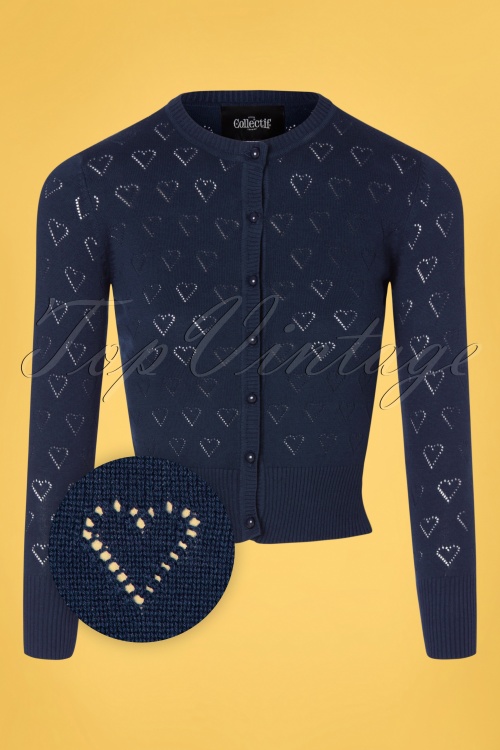 Collectif Clothing - Leah Heart Cardigan Années 50 en Bleu Marine