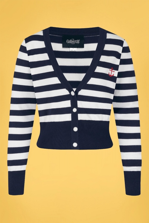 Collectif Clothing - Purdy Nautical Striped Cardigan Années 50 en Bleu Marine et Blanc