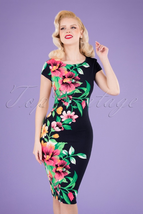 Vintage Chic for Topvintage - 60s Aloha Tropical Garden Short Sleeves Pencil Dress in Navy