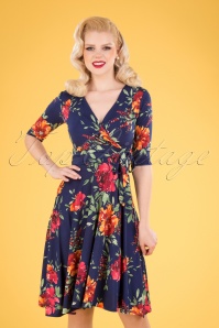 Vintage Chic for Topvintage - Caryl Floral Swing Dress Années 50 en Bleu Marine 