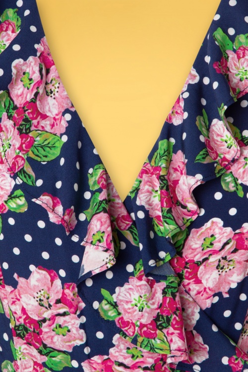 Smashed Lemon - Charina Floral Polkadot Dress Années 60 en Bleu Marine 3
