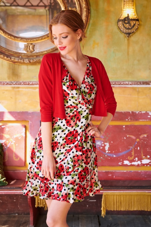 Smashed Lemon - 60s Charina Floral Polkadot Dress in Ivory and Red