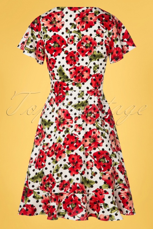 Smashed Lemon - 60s Charina Floral Polkadot Dress in Ivory and Red 4