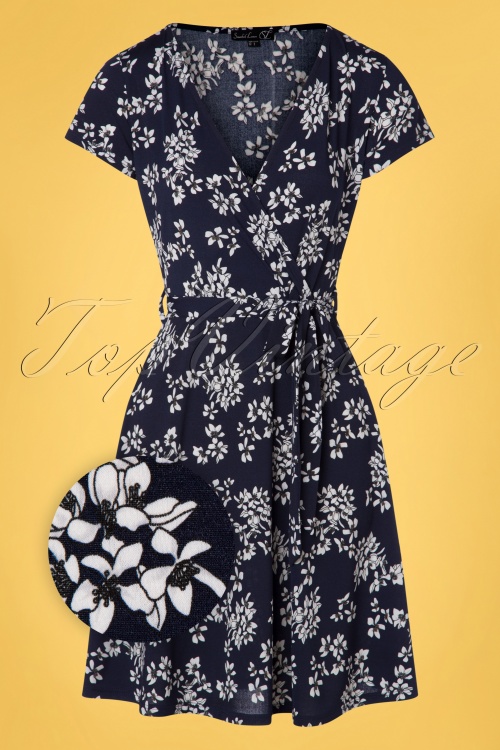 Smashed Lemon - 60s Arya Floral Dress in Navy and White