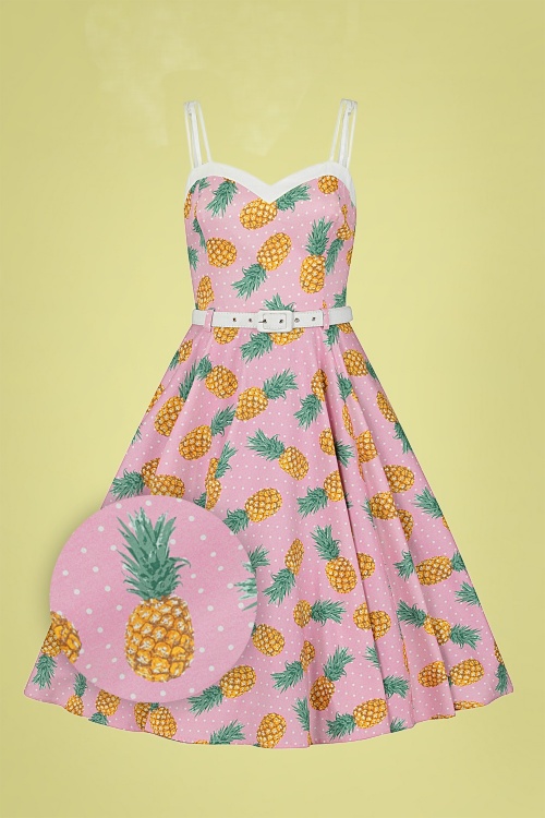 Collectif Clothing - Nova Pineapple Swing Dress Années 50 en Rose