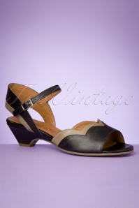 La Veintinueve - Janet Leather Low Heel Sandals Années 60 en Noir et Beige 2