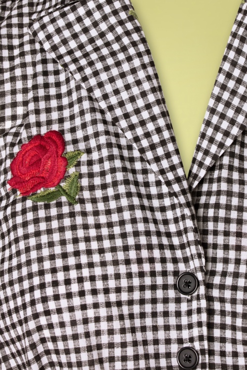 Unique Vintage - 50s Golightly Gingham Roses Tie Blouse in Black and White 5