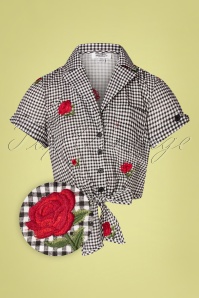 Unique Vintage - 50s Golightly Gingham Roses Tie Blouse in Black and White