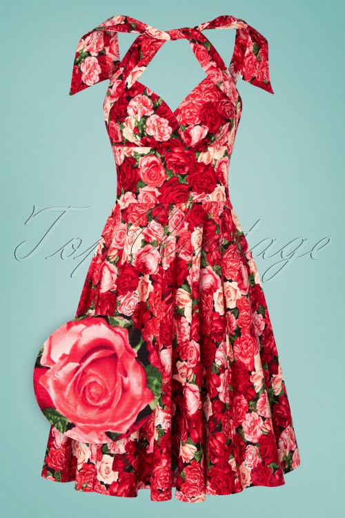 Victory Parade - TopVintage exclusive ~ Sissy Packed Roses Swing Dress Années 50 en Rouge