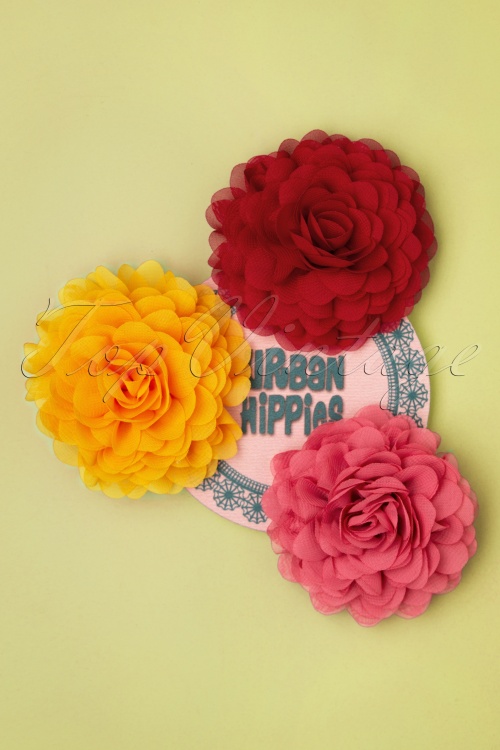 Urban Hippies - Hair Flowers Set Années 70 en Rouge, Jaune et Rose