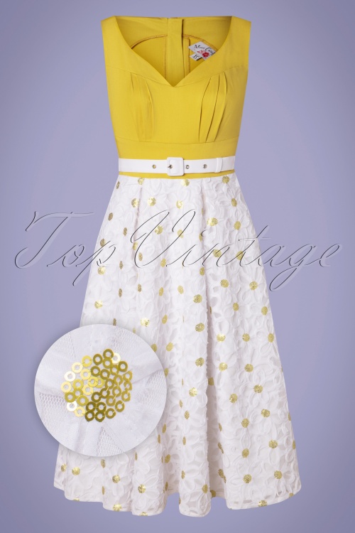 Miss Candyfloss - Kesha swing jurk in wit en mosterd