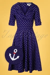 Unique Vintage - Delores Anchor Swing Dress Années 50 en Bleu Roi