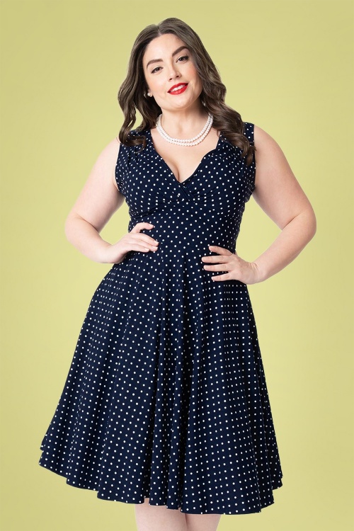 Unique Vintage - 50s Delores Sleeveless Dot Swing Dress in Navy 3