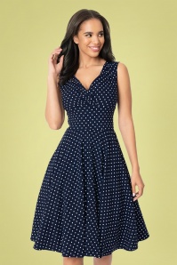 Unique Vintage - 50s Delores Sleeveless Dot Swing Dress in Navy