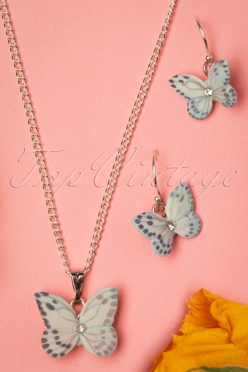 Hop Skip And Flutter - 60s Butterfly Sterling Silver Necklace in Sky Blue 3