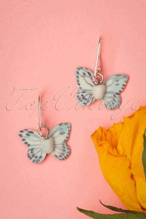 Hop Skip And Flutter - 60s Butterfly Sterling Silver Drop Earrings in Sky Blue 4