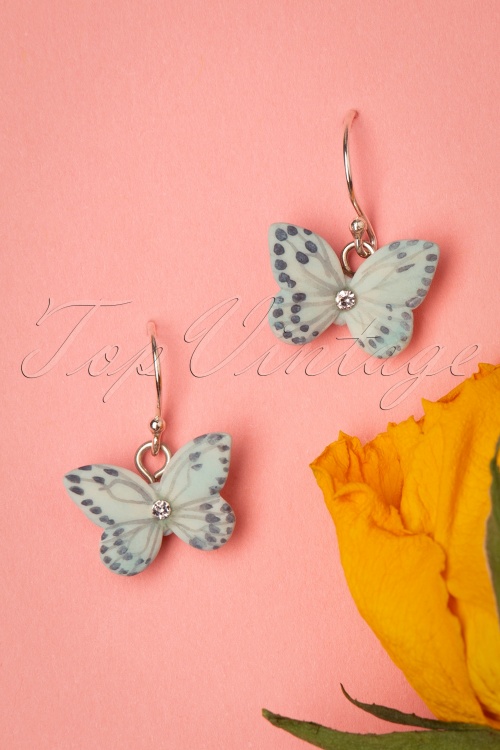 Hop Skip And Flutter - 60s Butterfly Sterling Silver Drop Earrings in Sky Blue