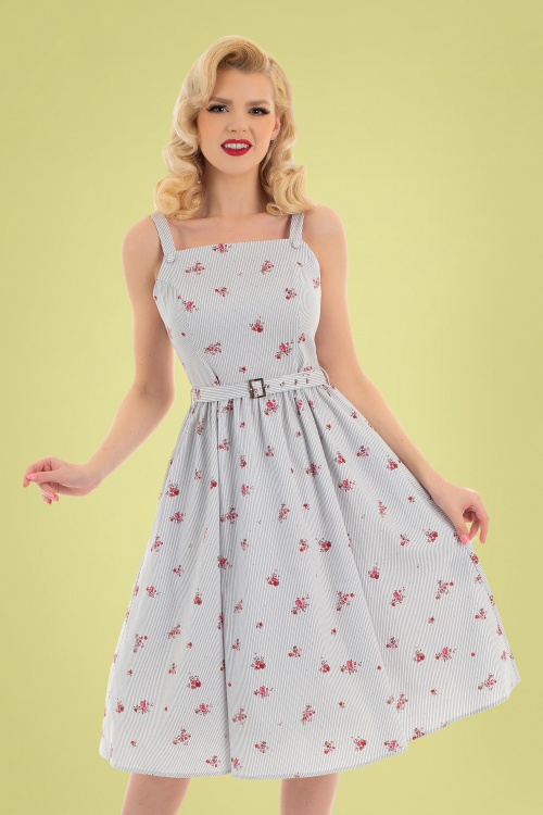 Hearts & Roses - Gertrude Striped Swing Dress Années 50 en Blanc et Gris
