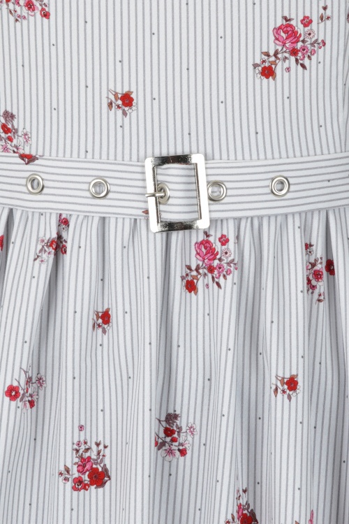 Hearts & Roses - 50s Gertrude Striped Swing Dress in White and Grey 4