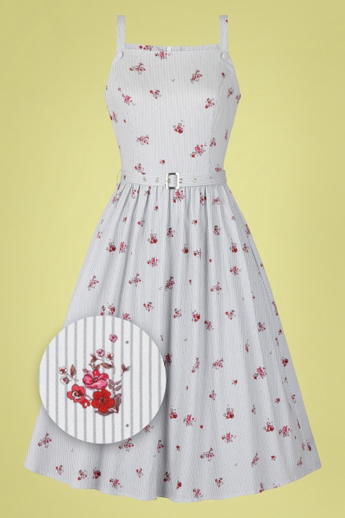 Hearts & Roses - 50s Gertrude Striped Swing Dress in White and Grey 2