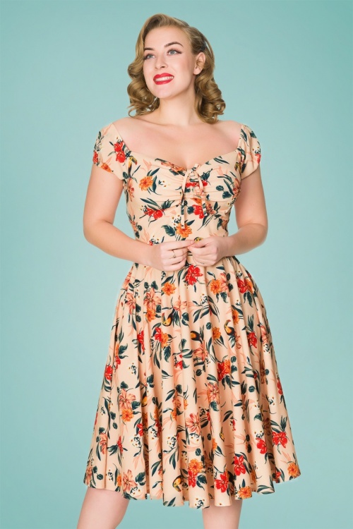 Timeless - 50s Clara Floral Swing Dress in Peach Pink