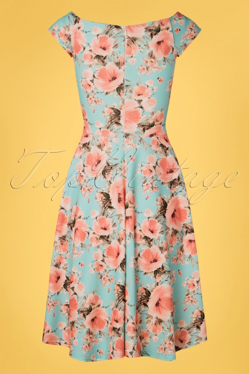 Vintage Chic for Topvintage - Merle bloemen swing jurk in pale turkoois 4