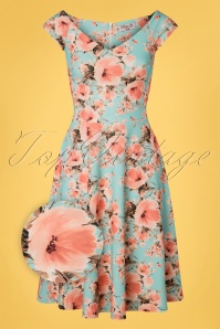 Vintage Chic for Topvintage - Merle bloemen swing jurk in pale turkoois