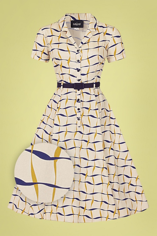 Collectif Clothing - Caterina Ribbon Check Swing Dress Années 60 en Crème