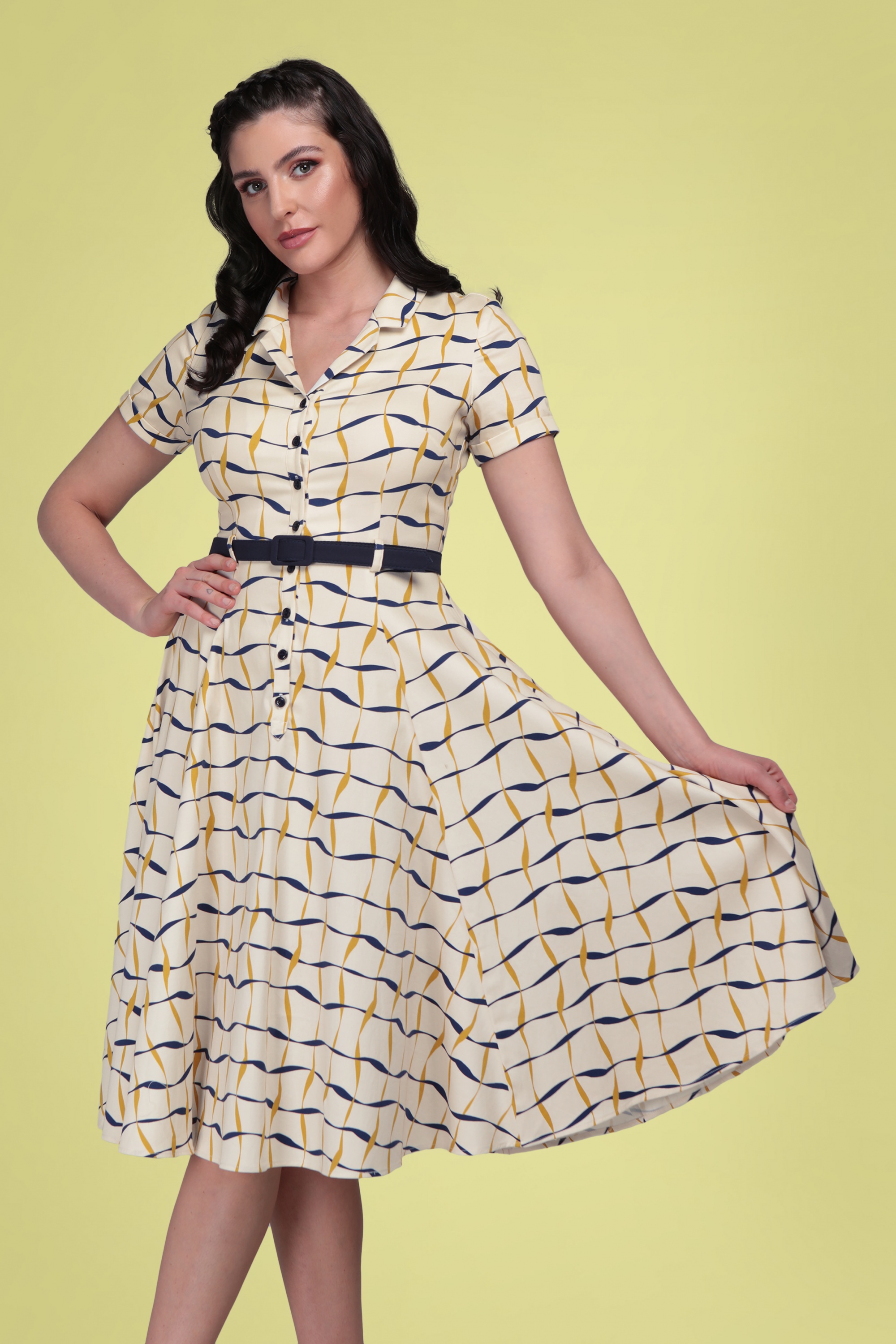 Collectif Clothing - Caterina Ribbon geruite swingjurk in crème 2