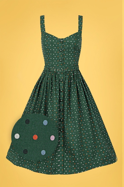 Collectif Clothing - 50s Jemima Polka Dot Swing Dress in Green 2