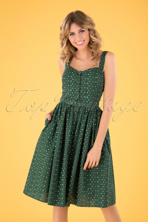 Collectif Clothing - 50s Jemima Polka Dot Swing Dress in Green