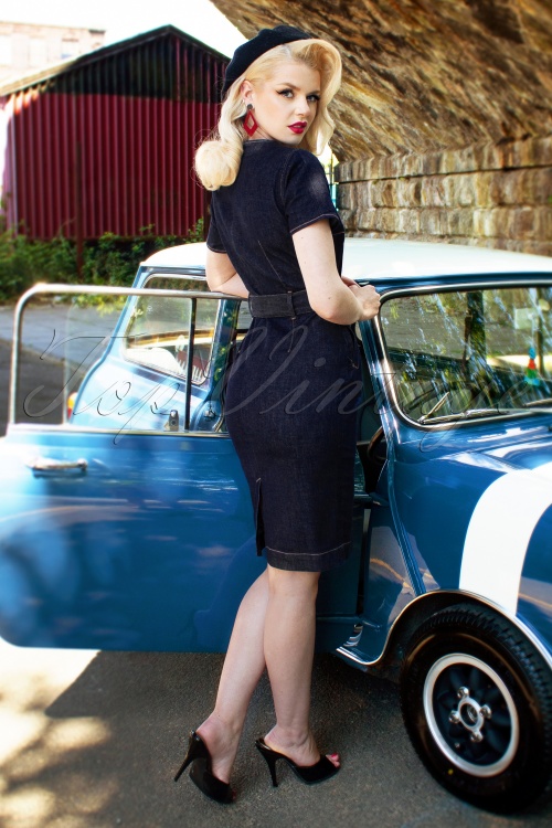 Rock-a-Booty - Christel Denim Pencil Dress Années 50 en Bleu Classique 3