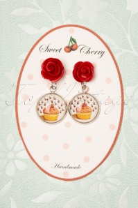 Sweet Cherry - 50s Rose Cupcake Earrings in White and Red