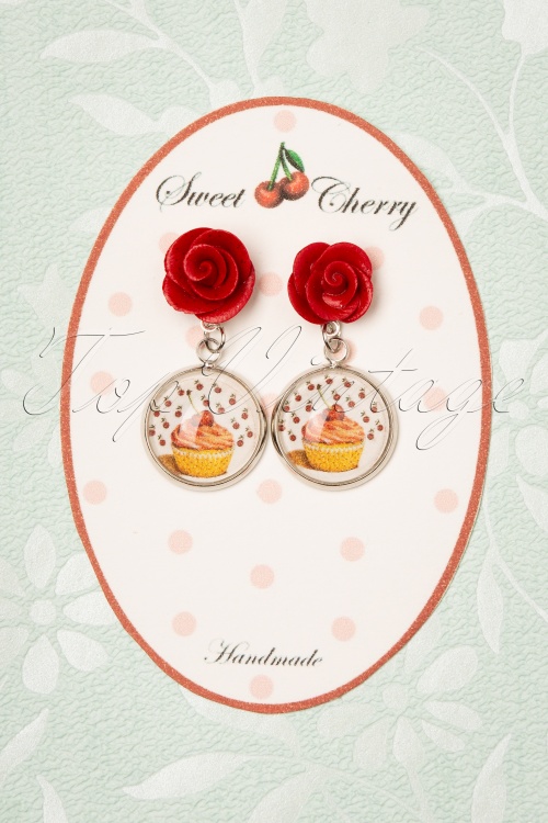 Sweet Cherry - Rose Cupcake Earrings Années 50 en Blanc et Rouge