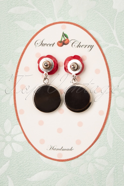 Sweet Cherry - 50s Lucky Black Cat Rose Earrings in Blue and Red 3