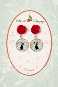 Sweet Cherry - 50s Lucky Black Cat Rose Earrings in Blue and Red