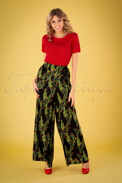 Collectif Clothing - Alizee Cactusland Trousers Années 70 en Noir 