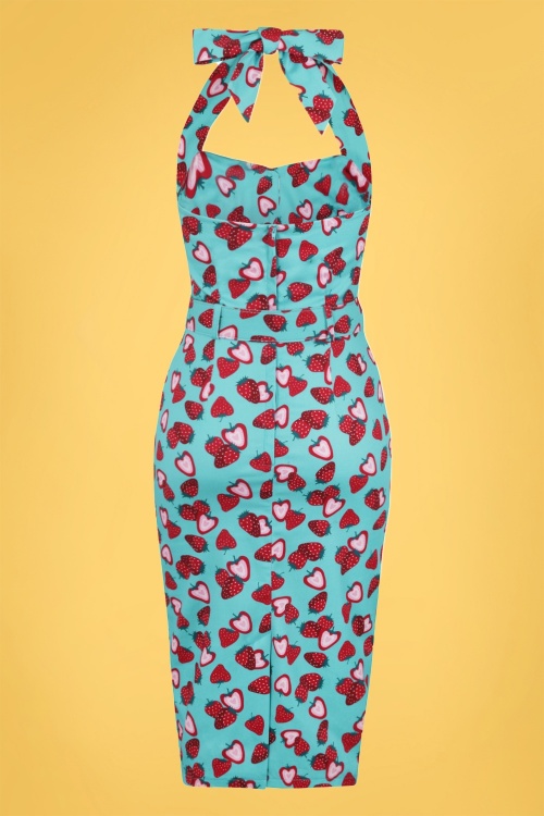 Collectif Clothing - Wanda Strawberry Pencil Dress Années 50 en Bleu  4