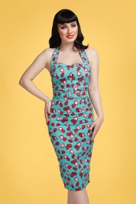 Collectif Clothing - Wanda Strawberry Pencil Dress Années 50 en Bleu  2