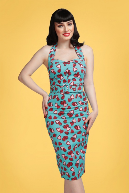 Collectif Clothing - 50s Wanda Strawberry Pencil Dress in Blue 2