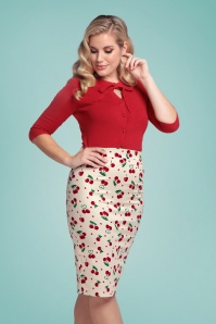 Collectif Clothing - Polly Cherry Love Pencil Skirt Années 50 en Crème 