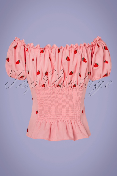 Collectif Clothing - Viviana Embroidered Strawberry Top Années 50 en Rose 2