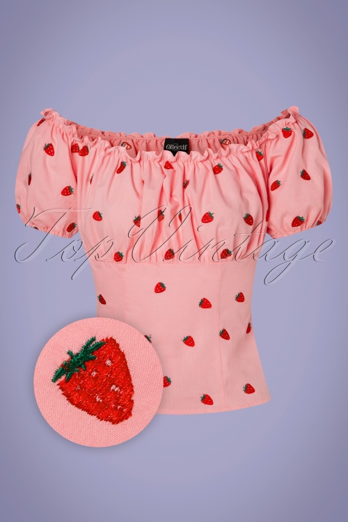 Collectif Clothing - 50s Viviana Embroidered Strawberry Top in Pink